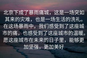 北京下成了暴雨痛城，這是一場(chǎng)突如其來(lái)的災難，也是一場(chǎng)生活的洗禮。在這場(chǎng)暴雨中，我們感受到了這座城市的痛，也感受到了這座城市的溫暖。愿這座城市在未來(lái)的日子里，能夠更加堅強，更加美好