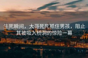 生死瞬間，大哥死死抓住男孩，阻止其被吸入橋洞的驚險一幕