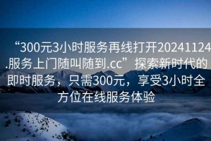“300元3小時(shí)服務(wù)再線(xiàn)打開(kāi)20241124.服務(wù)上門(mén)隨叫隨到.cc”探索新時(shí)代的即時(shí)服務(wù)，只需300元，享受3小時(shí)全方位在線(xiàn)服務(wù)體驗
