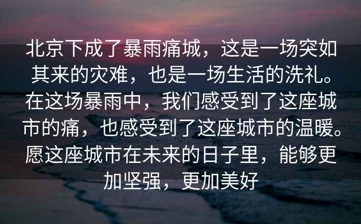 北京下成了暴雨痛城，這是一場(chǎng)突如其來(lái)的災難，也是一場(chǎng)生活的洗禮。在這場(chǎng)暴雨中，我們感受到了這座城市的痛，也感受到了這座城市的溫暖。愿這座城市在未來(lái)的日子里，能夠更加堅強，更加美好